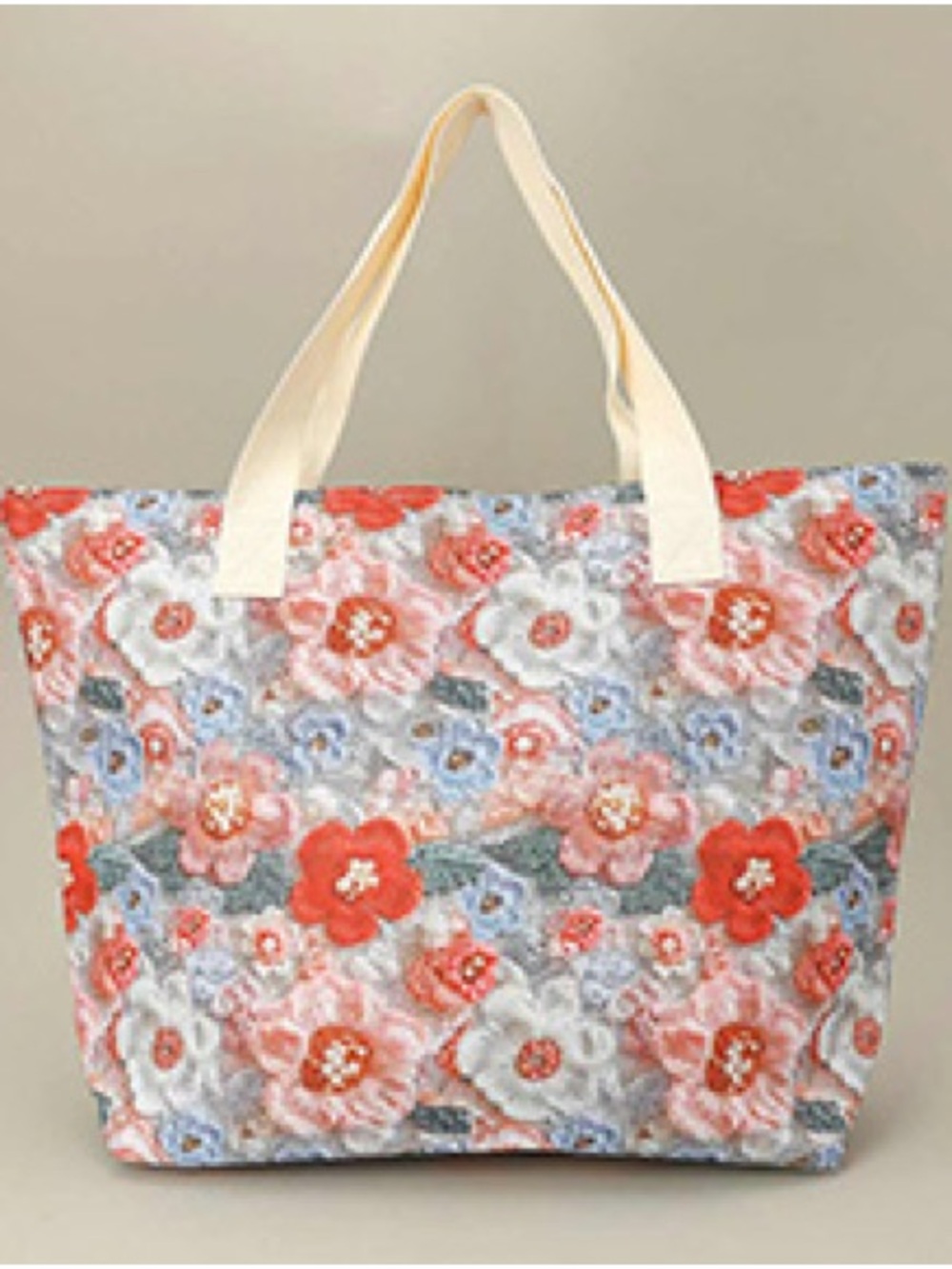 Floral Canvas Tote Bag in Coral and Cream